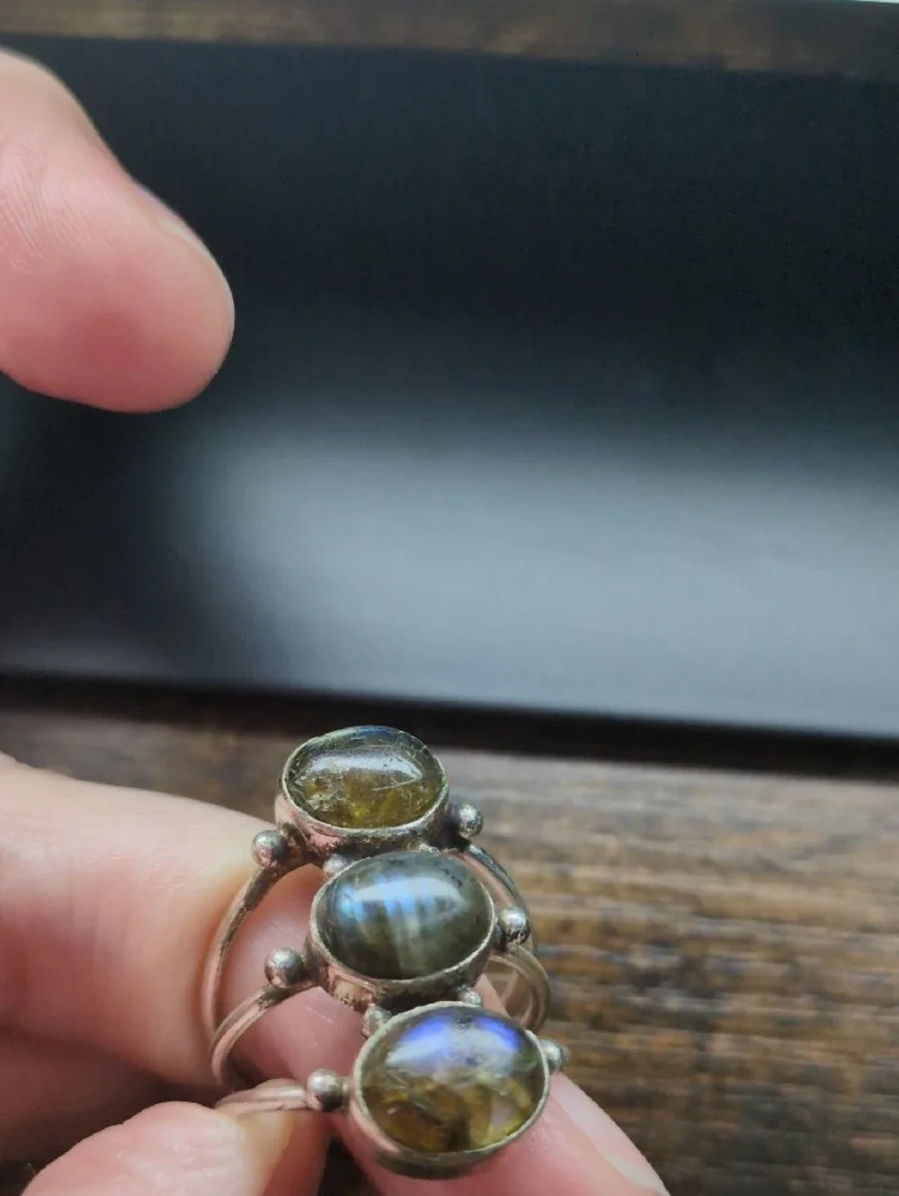 Triple Stone Labradorite Silver Ring - Green/Gray Accent
